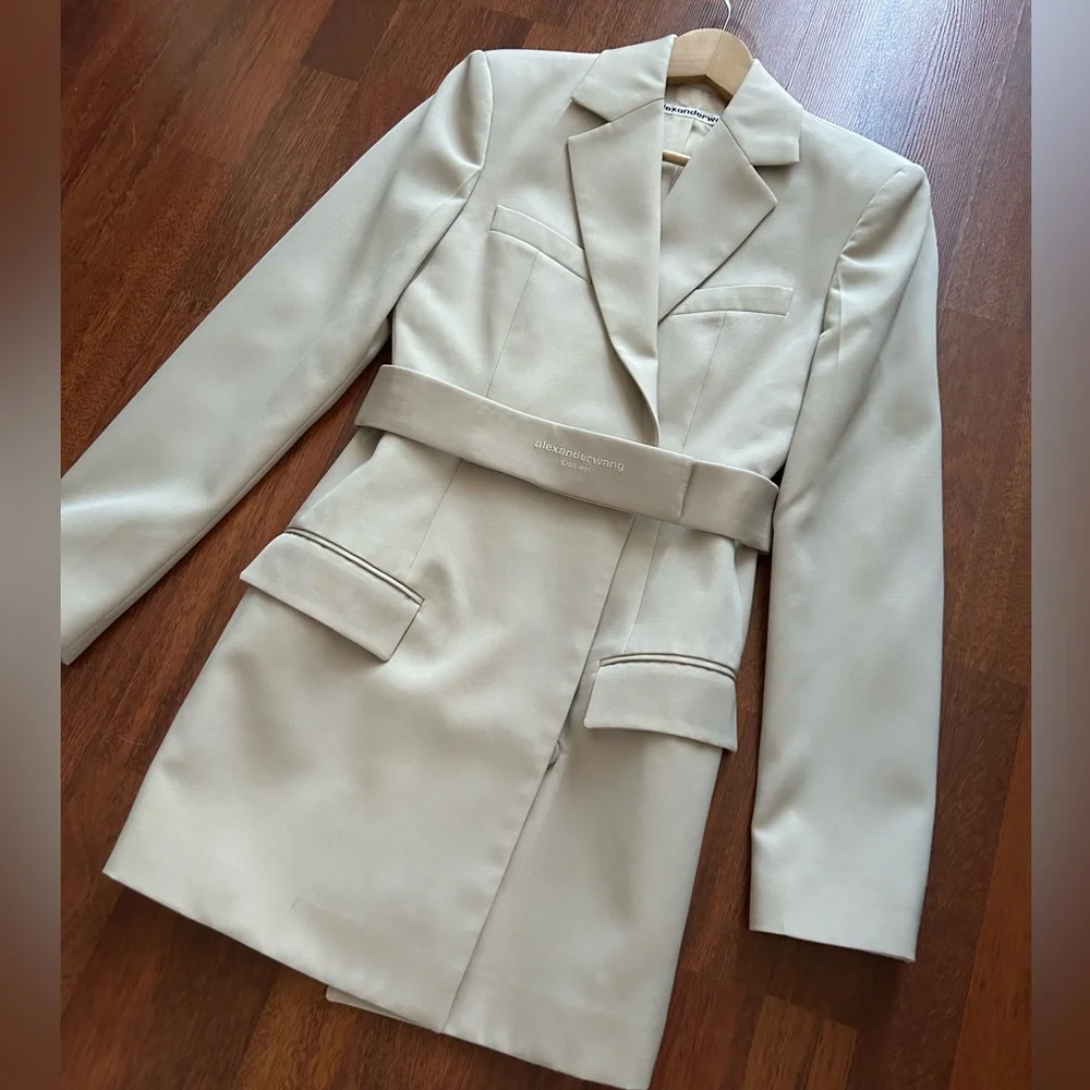 NWOT Alexander Wang Dry Wool Twill Blazer Jacket Dress w/ Logo Belt 4